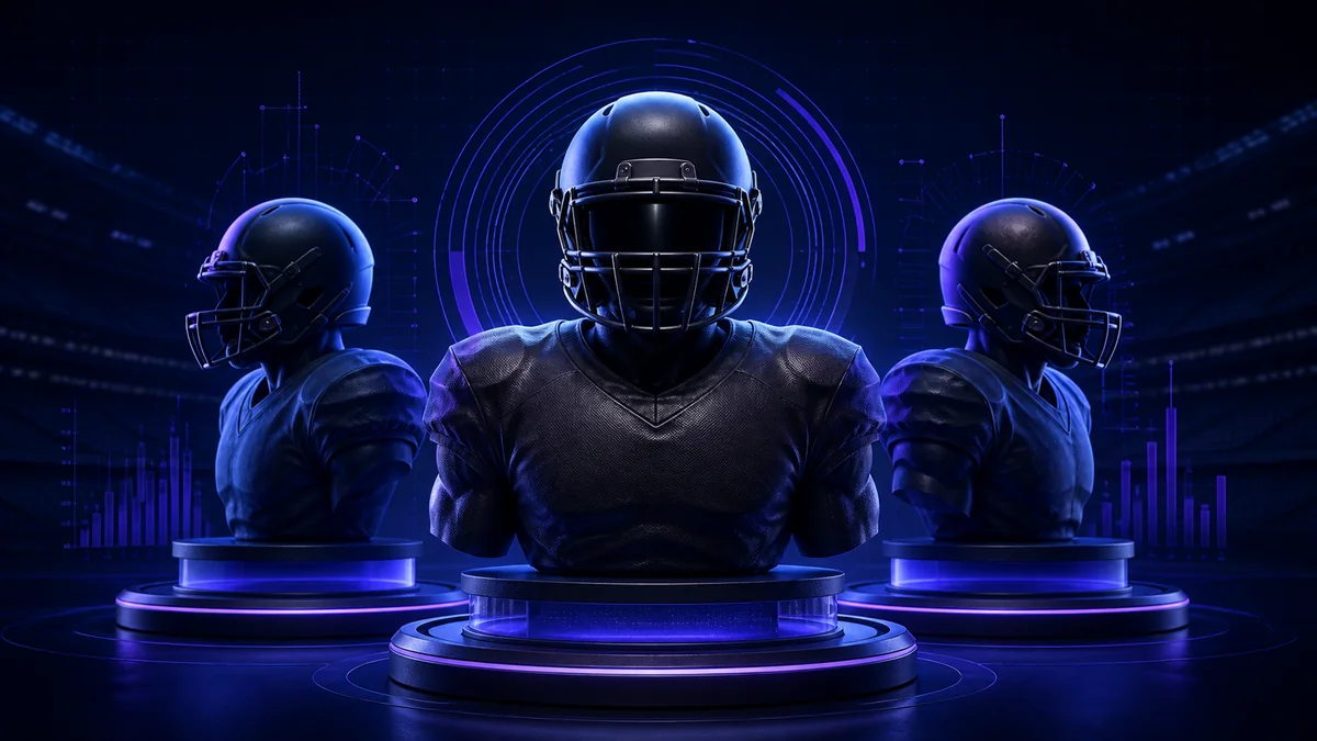 Three football players displayed in a futuristic analytics studio