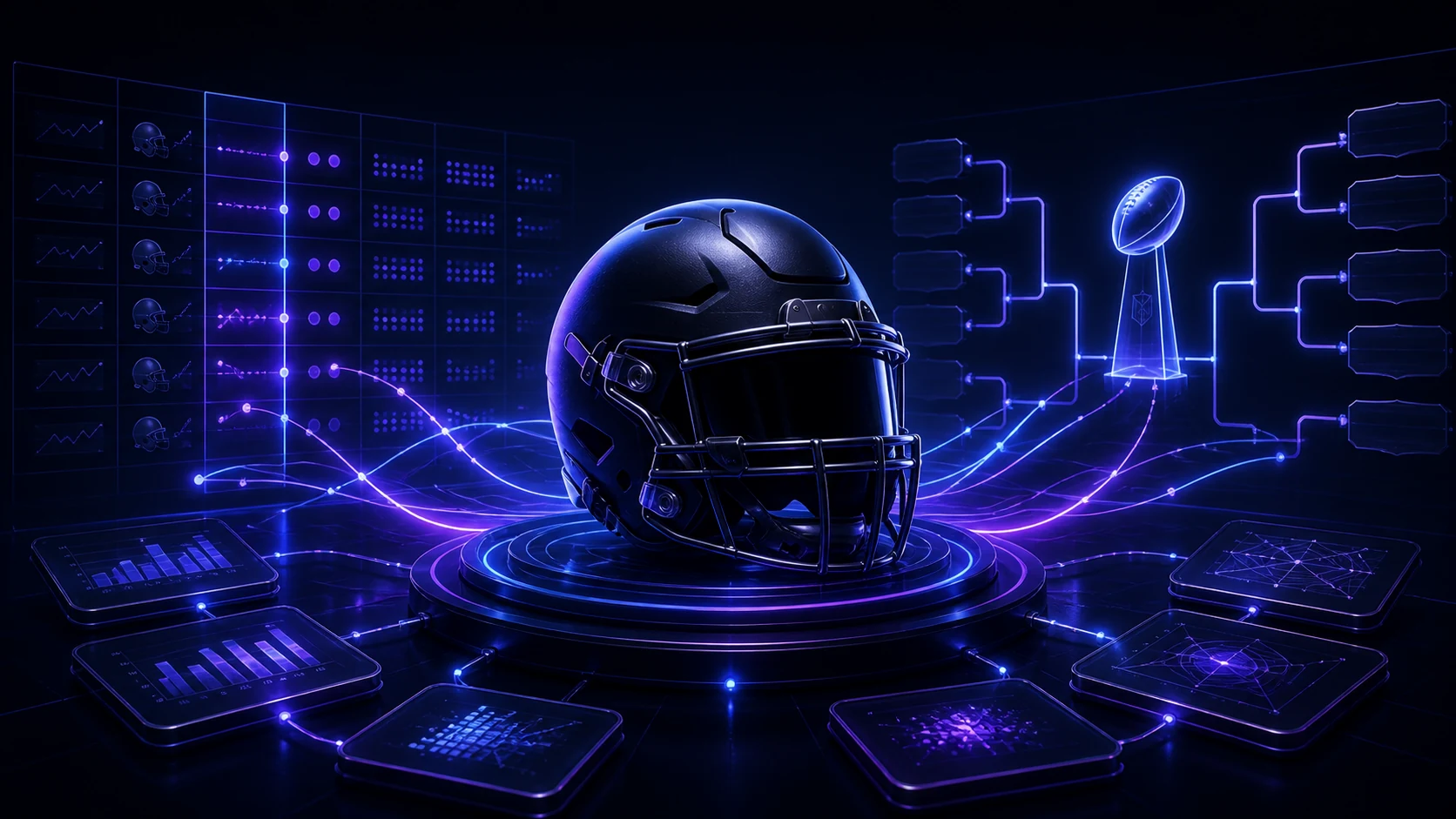 A glowing football helmet inside a futuristic season-simulation studio