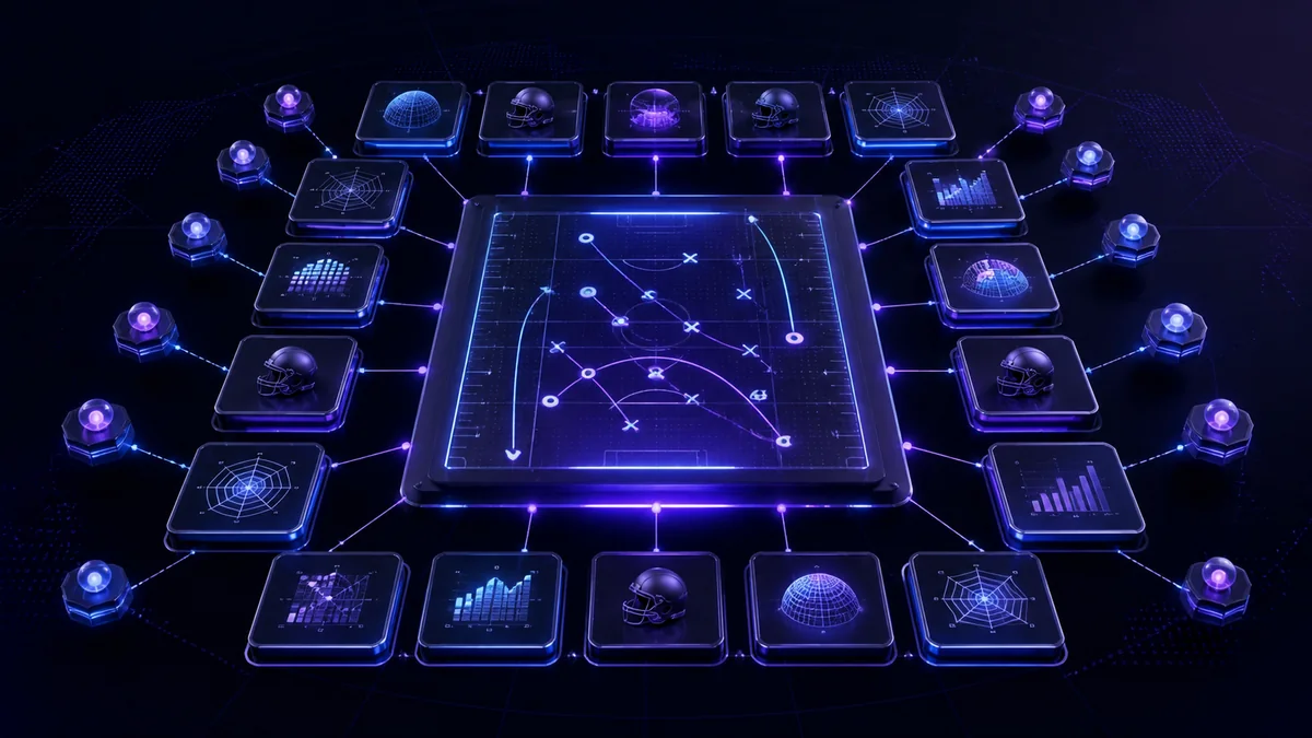 Fantasy football playbook surrounded by team analytics dashboards